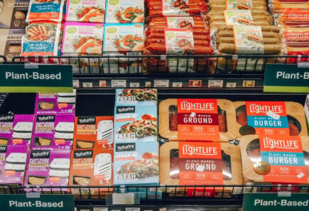 Plant-based meat shelved alongside conventional meat in kroger.