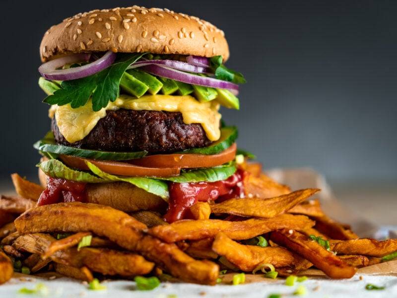 Homemade plant-based burger with sweet potato fries