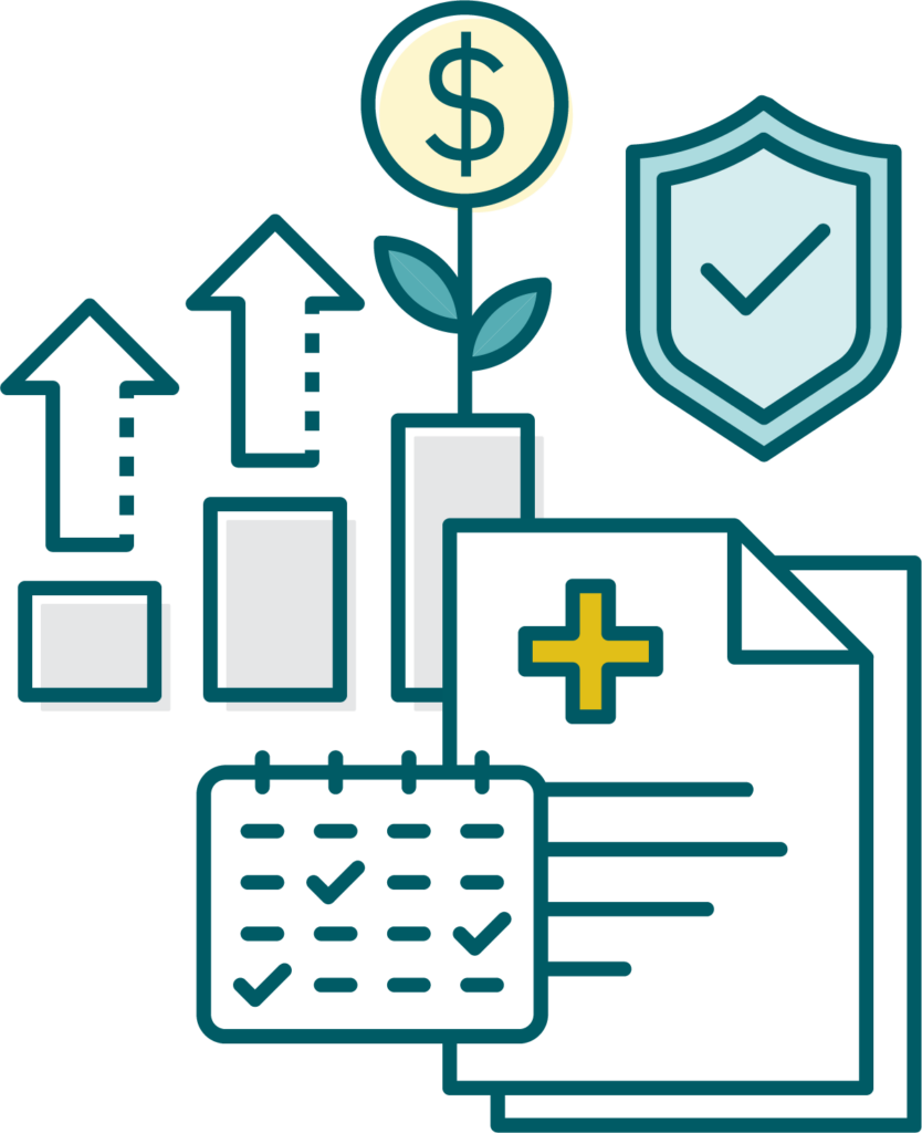 Illustrative icon showing checklist, growth, and security symbols