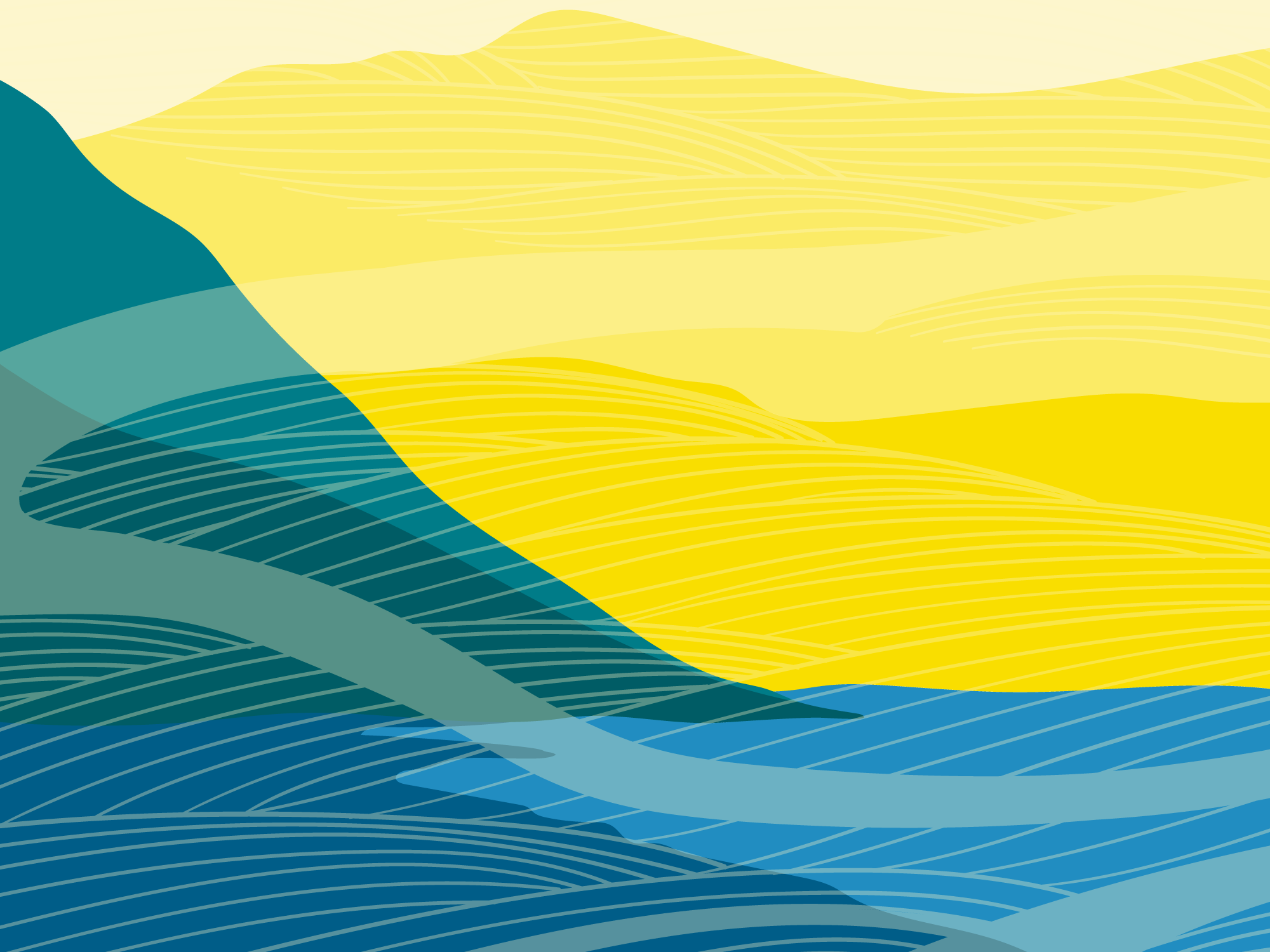 Abstract line illustration featuring green hills, yellow mountains, and blue water