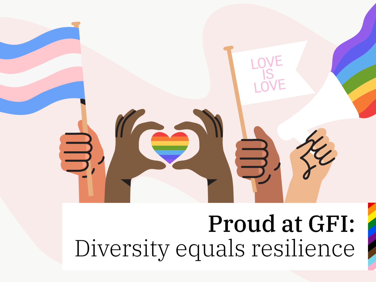 Pride graphic with diverse hands and rainbow flags