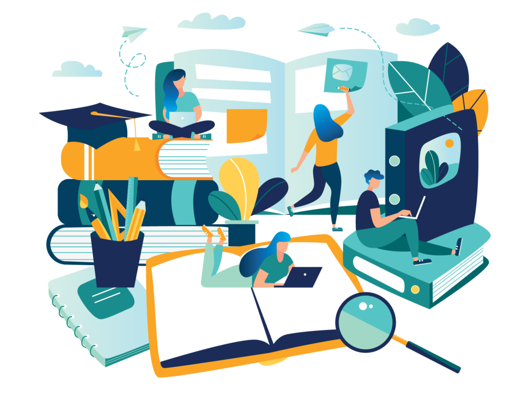 A blue, green, and yellow graphic illustration of students reading books and studying using a laptop